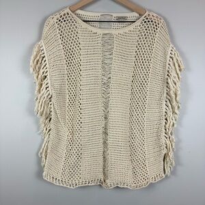 Lucky Brand Poncho Top Women M Ivory Open Knit Fringe Crop Sweater Boho Festival